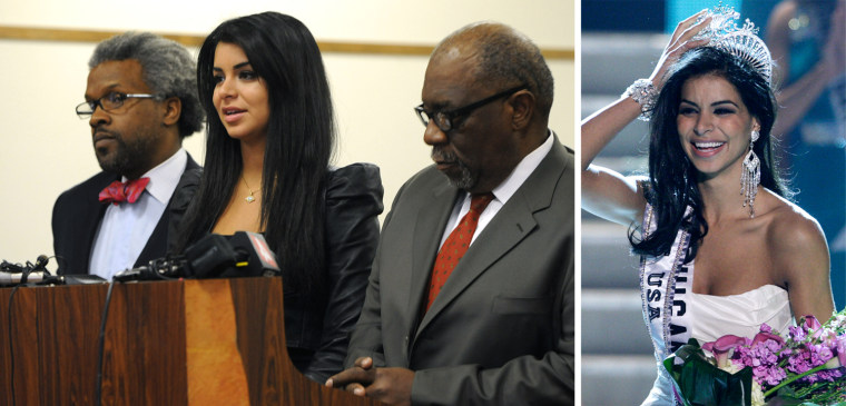 odd Russell Perkins, left,  Highland Park City Attorney and W. Otis Culpepper, defense attorney, flank ex-Miss USA Rima Fakih as she faces DUI charges in 30th District court, before Judge Brigette Officer, in Highland Park, Mich., Wednesday, April 11, 2012.  Fakih pleaded no contest Wednesday in a Michigan drunken driving case. The former beauty queen offered the plea to driving while visibly impaired. A no contest plea isn't an admission of guilt but is treated as such for sentencing, which will take place May 9. She faces a maximum of 93 days in jail.   (AP Photo/The Detroit News, Charles V. Tines)

Miss Michigan Rima Fakih reacts after being crowned Miss USA during the 2010 Miss USA pageant at the Planet Hollywood Resort and Casino in Las Vegas, Nevada May 16, 2010. REUTERS/Steve Marcus (UNITED STATES - Tags: SOCIETY) FOR EDITORIAL USE ONLY. NOT FOR SALE FOR MARKETING OR ADVERTISING CAMPAIGNS